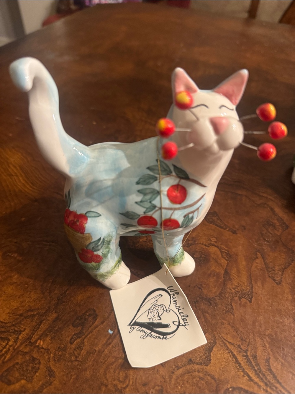 Whimsically Amy Lacombe Hand-Painted Cat Figurine Cherry Motif Blue &White